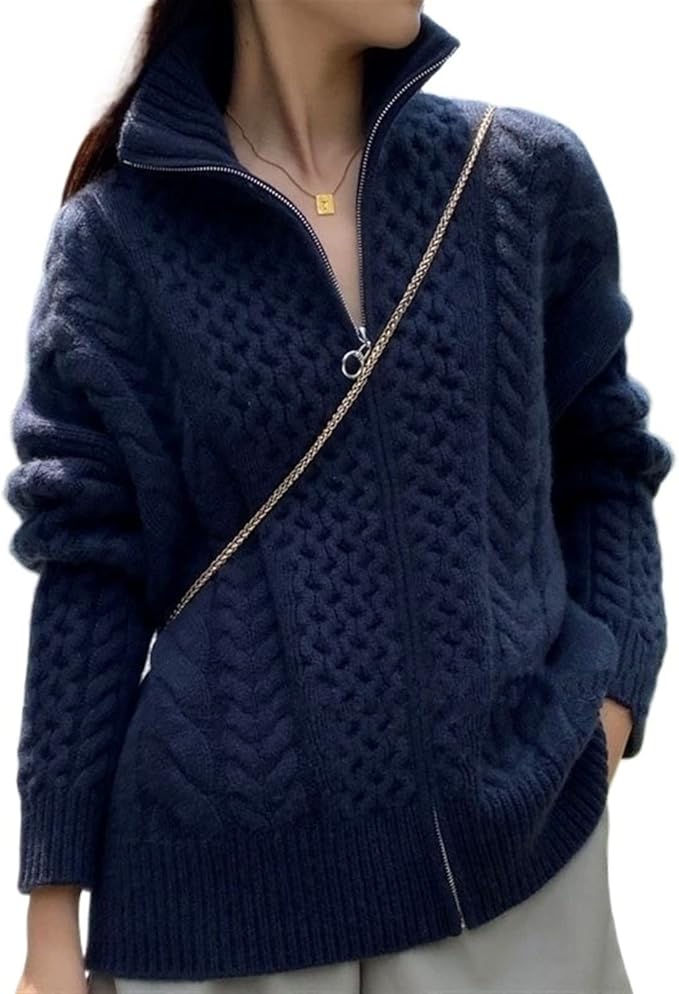 Schicke, lässige Strickjacke mit Zopfmuster und Reißverschluss für Damen