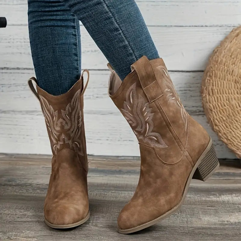 Rustikale, bestickte, komfortable Western Knöchelstiefel für Damen