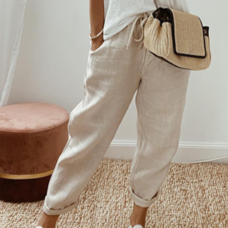 Beige weite leinenhose für damen