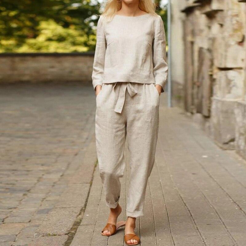 Beige Damen Set mit Leinenhose und Leinenhemd