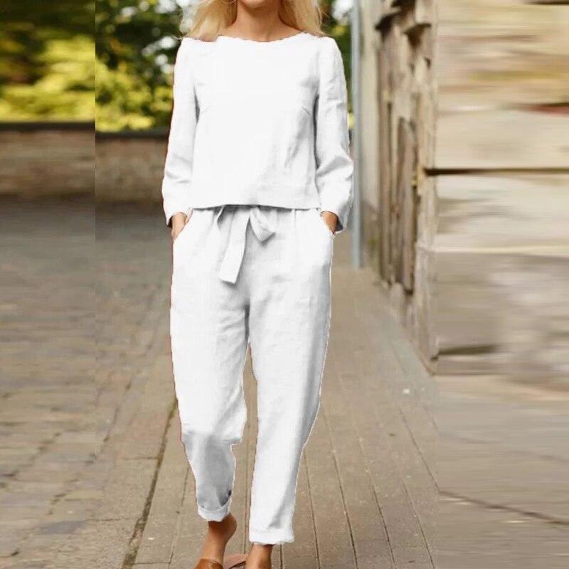 Witte Damen Set mit Leinenhose und Leinenhemd