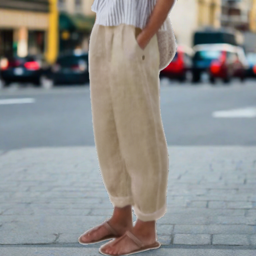 Beige weiche Leinenhose mit Seitentaschen