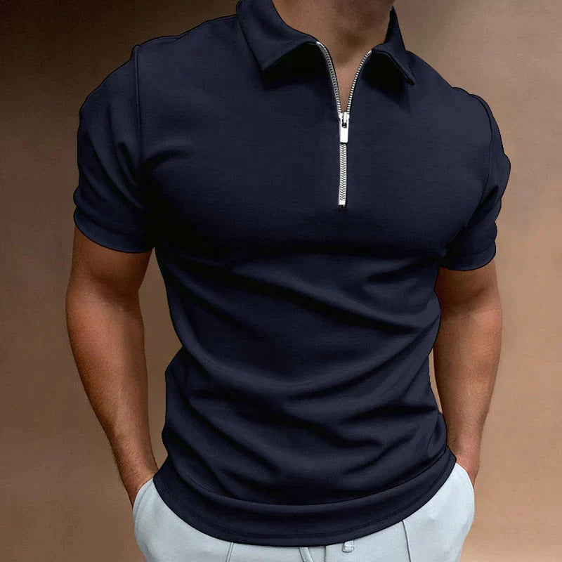 Dunkelblau Poloshirt mit Reißverschluss und kurzen Ärmeln für Herren 