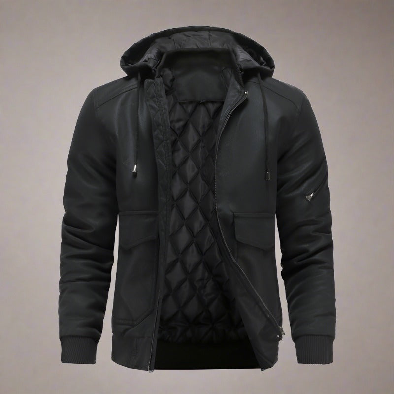 Schwarze Lederjacke mit Kapuze