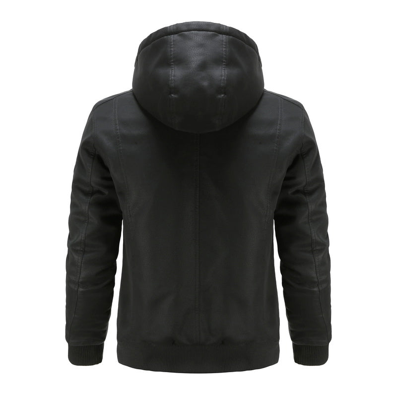 Schwarze Lederjacke mit Kapuze