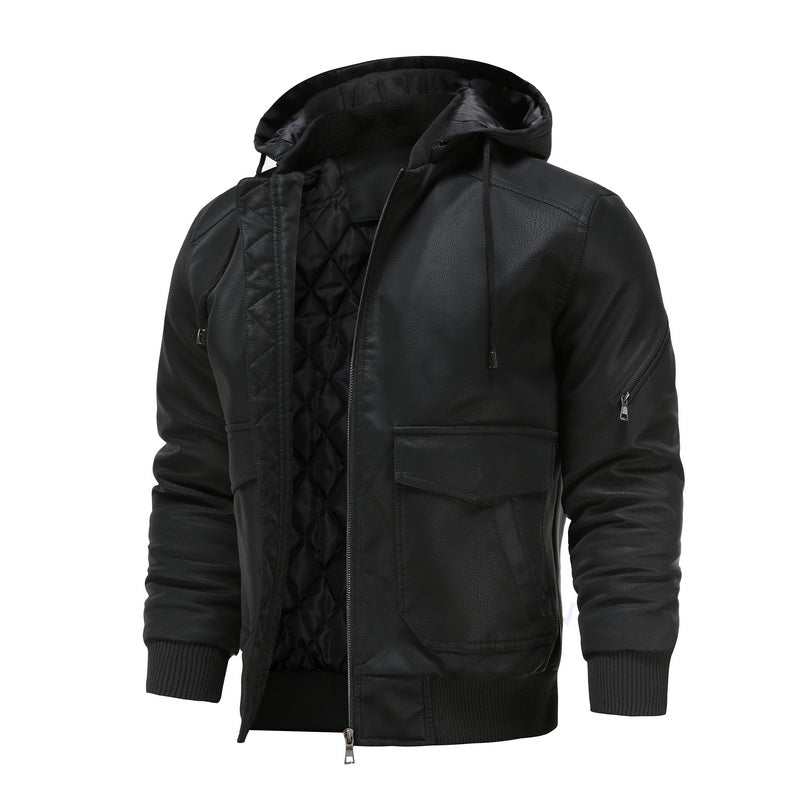 Schwarze Lederjacke mit Kapuze