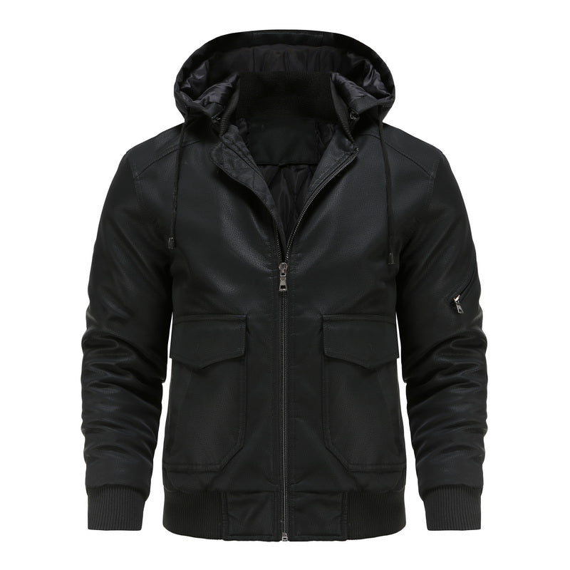 Schwarze Lederjacke mit Kapuze