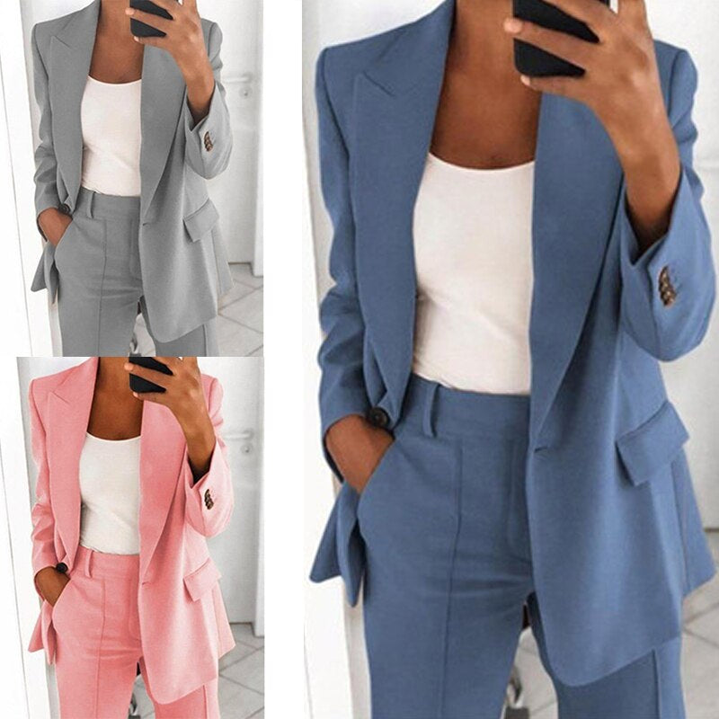 Anzug mit Blazer und Hose für Damen in den Farben Schwarz, Braun, Blau, Grau und Rosa