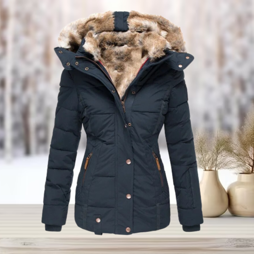 Eleganter, luxuriöser, warmer pelzgefütterter Wintermantel mit Kapuze für Damen