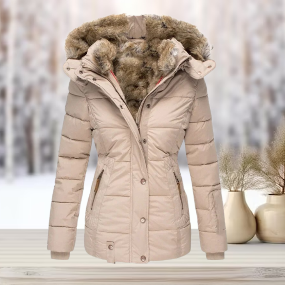 Eleganter, luxuriöser, warmer pelzgefütterter Wintermantel mit Kapuze für Damen