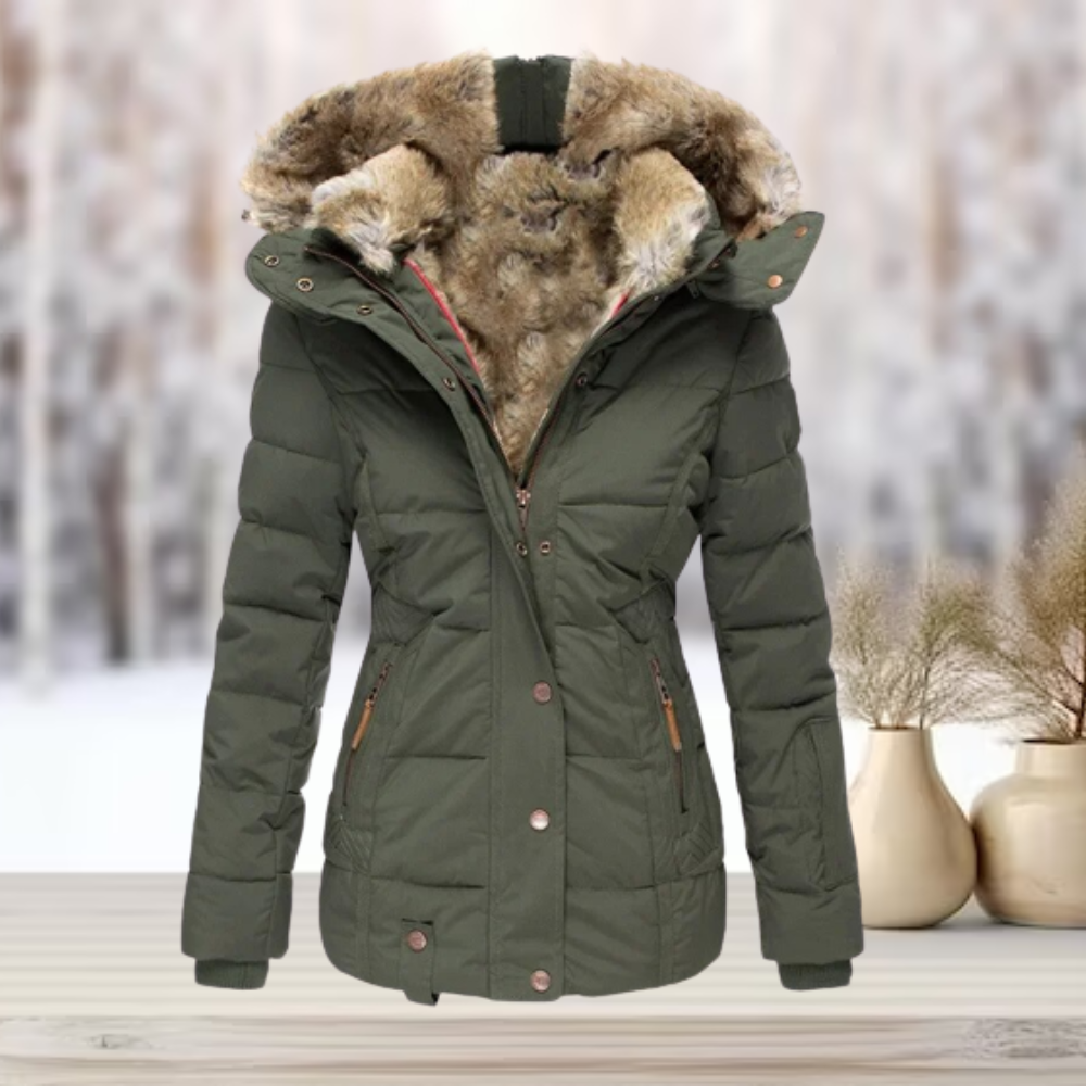 Eleganter, luxuriöser, warmer pelzgefütterter Wintermantel mit Kapuze für Damen