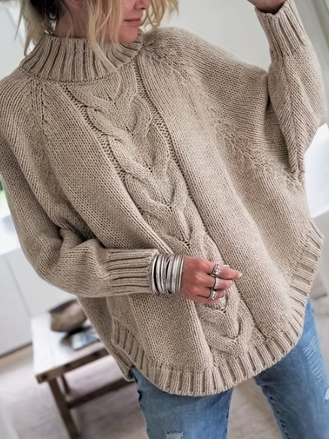 Gemütlicher, eleganter, übergroßer Zopfmuster-Pullover für Damen